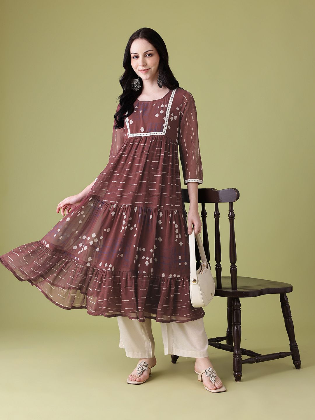 Anouk Ethnic Motifs Print Lace Insert Tiered A-Line Kurta