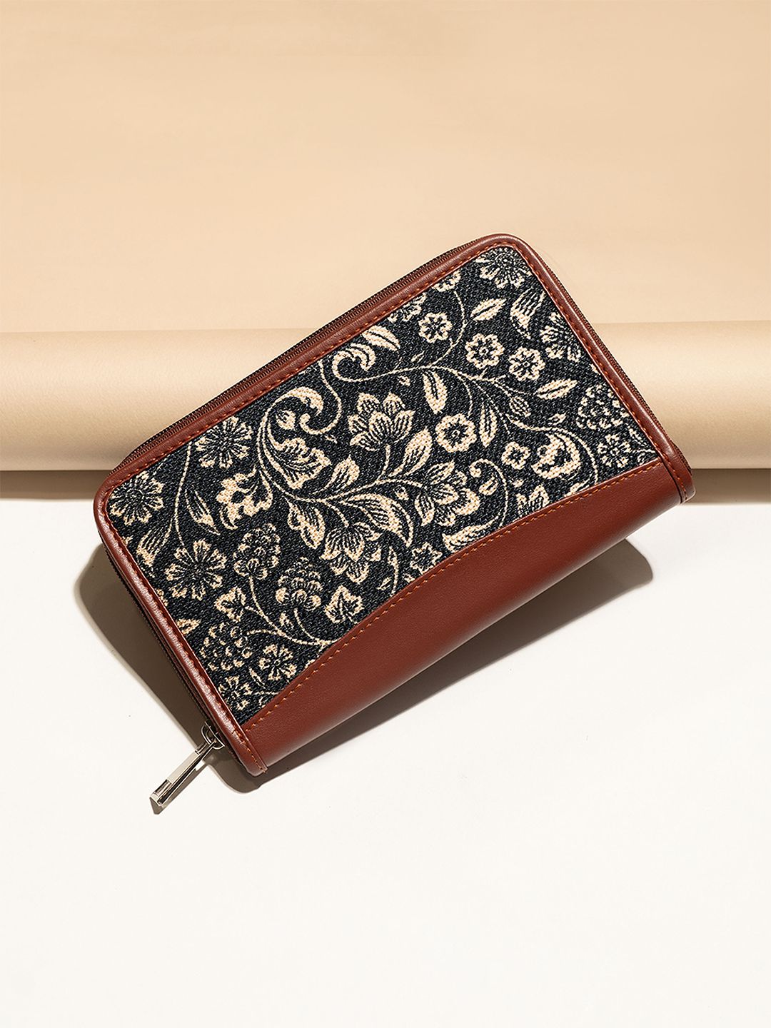 ZOUK Women Brown & Beige Printed Vegan Leather Zip Around Sustainable Wallet