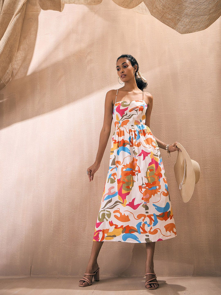 Pink Paprika by SASSAFRAS Abstract Printed Shoulder Straps Poplin Fit & Flare Midi Dress
