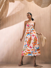 Pink Paprika by SASSAFRAS Abstract Printed Shoulder Straps Poplin Fit & Flare Midi Dress