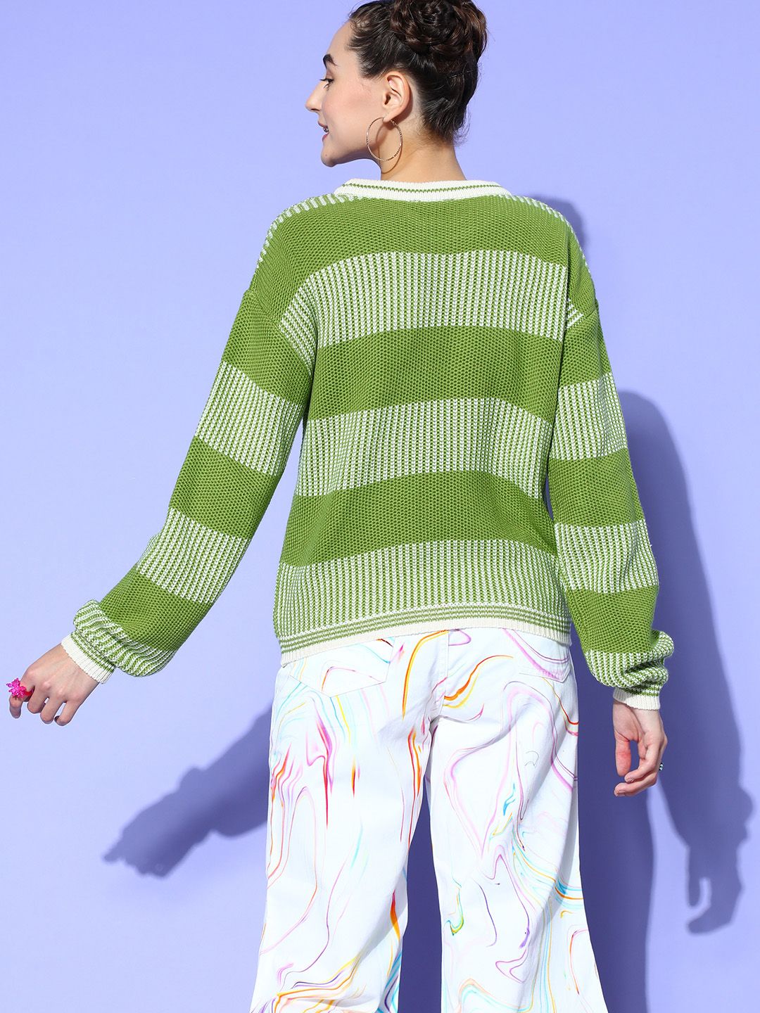 Berrylush Women Green Striped Knits Bits Sweater
