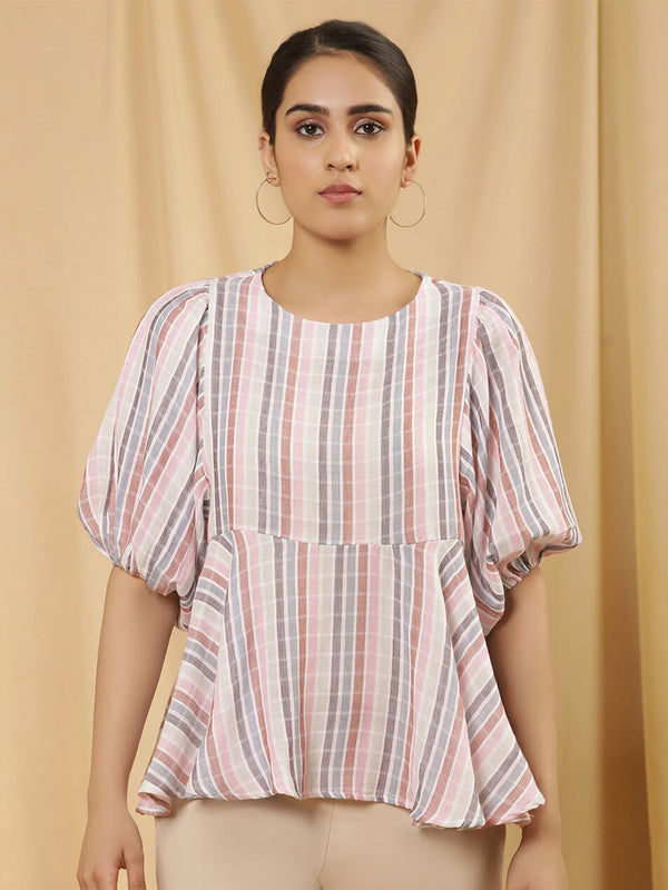 W Vertical Striped Puff Sleeves Cotton Peplum Top