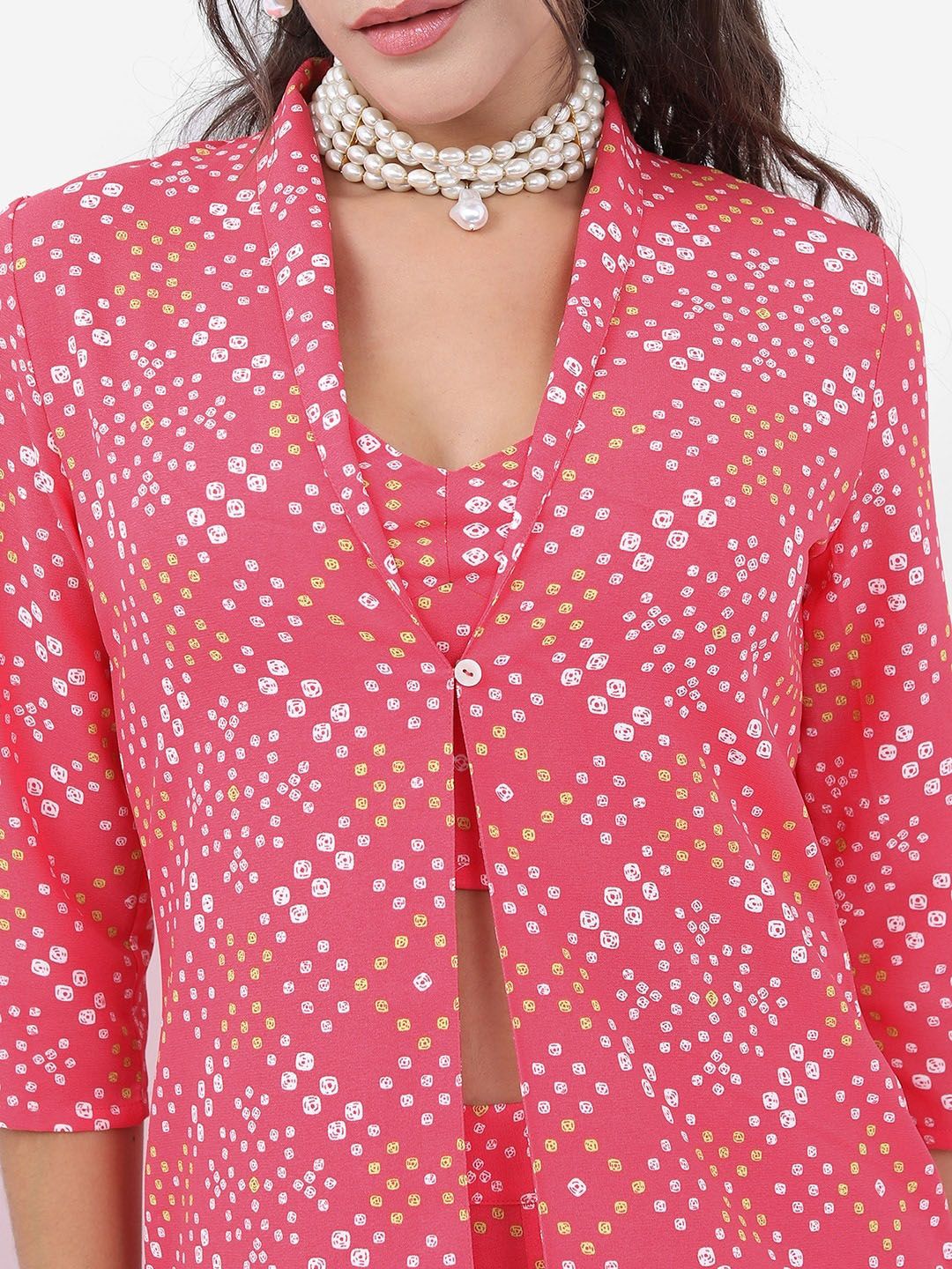 Vishudh Pink Bandhani Printed Crop Top With Trousers & Jacket