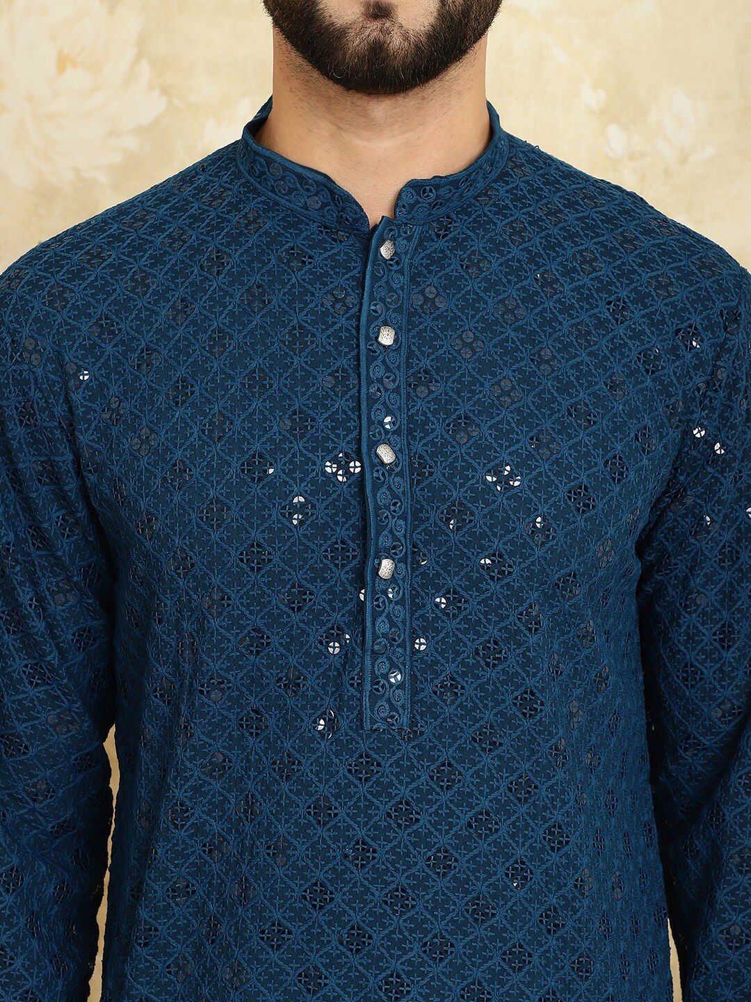 SOJANYA Motif Etnik Bersulam Labuci Lengan Panjang Kurta Kapas Tulen Lurus