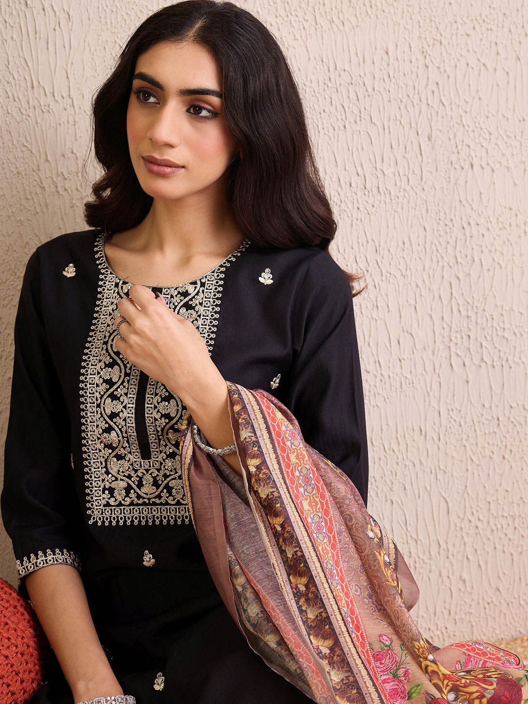 Indo Era Women Ethnic Motifs Embroidered Regular Liva Kurta with Trousers & With Dupatta