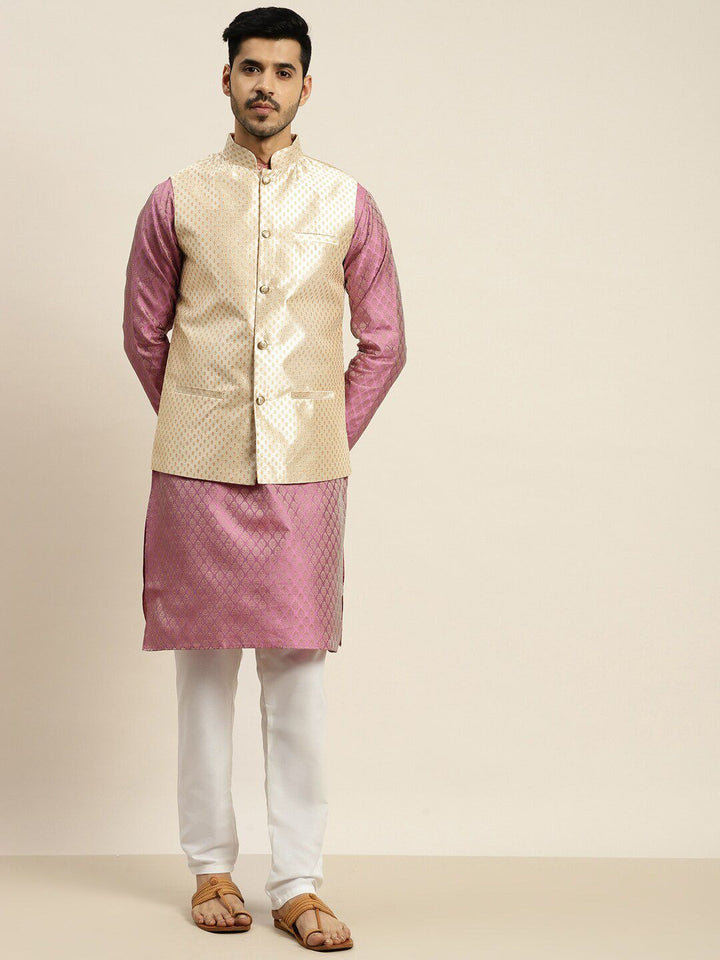 SOJANYA Ethnic Motif Woven Design Mandarin Collar Kurta With Churidar & Nehru Jacket