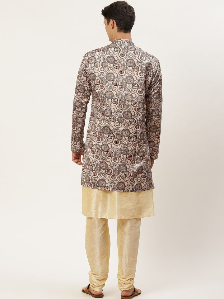 SOJANYA Men Beige Solid Kurta Set With Printed Jacket