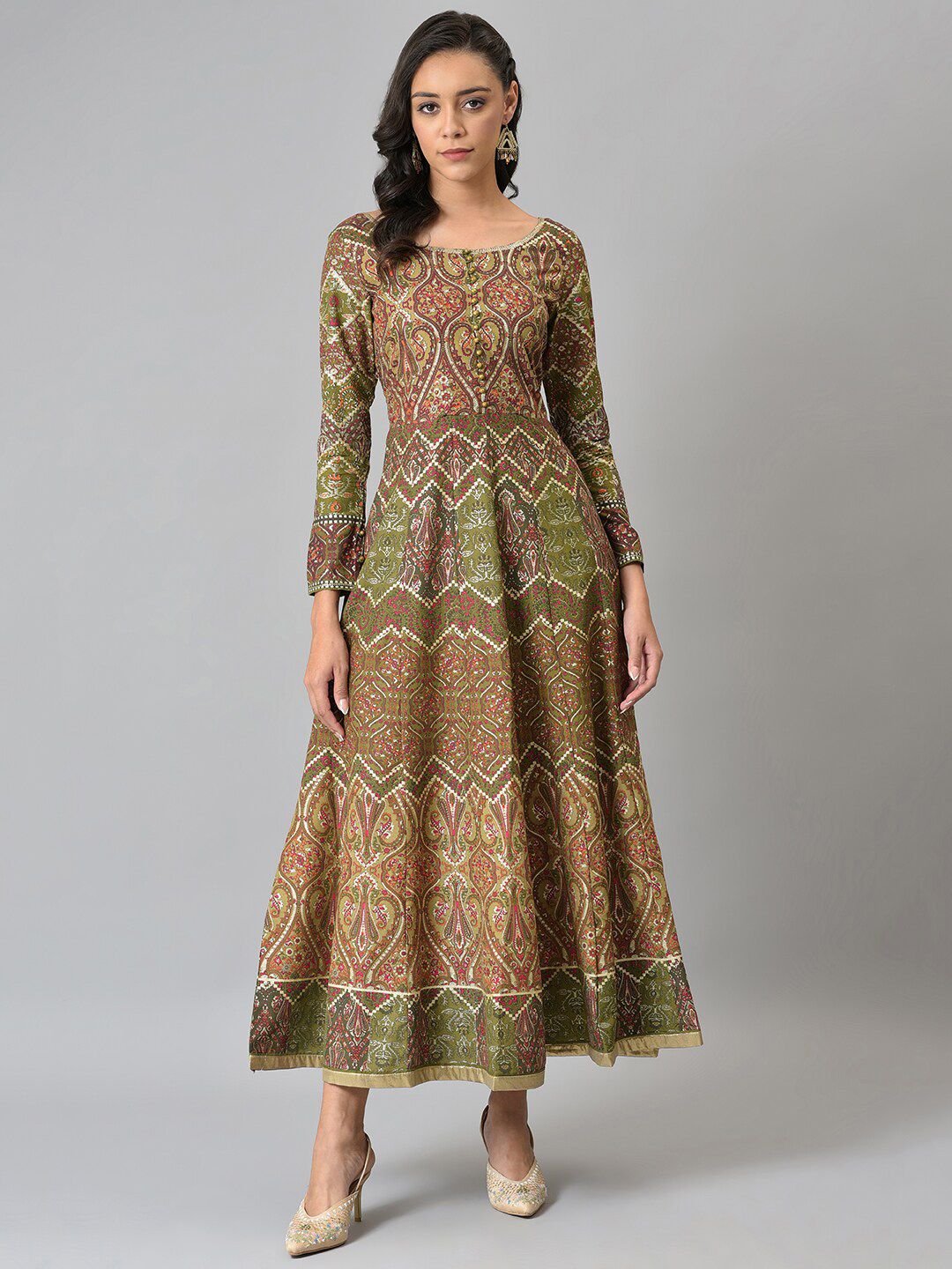 W Red & Green Ethnic Motifs Chiffon Ethnic Maxi Dress