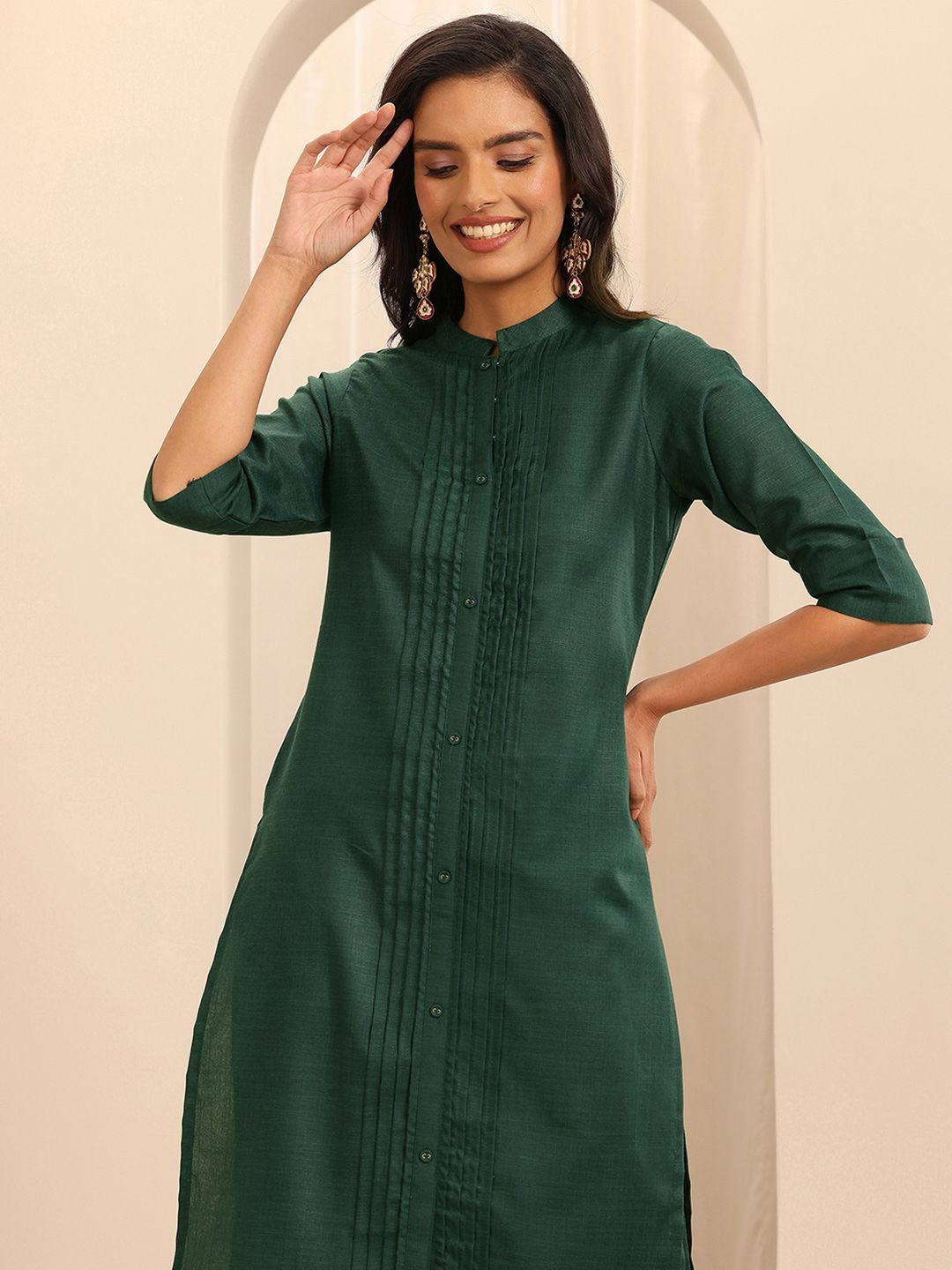 Libas Mandarin Collar Pleated Straight Kurta With Trousers & Dupatta