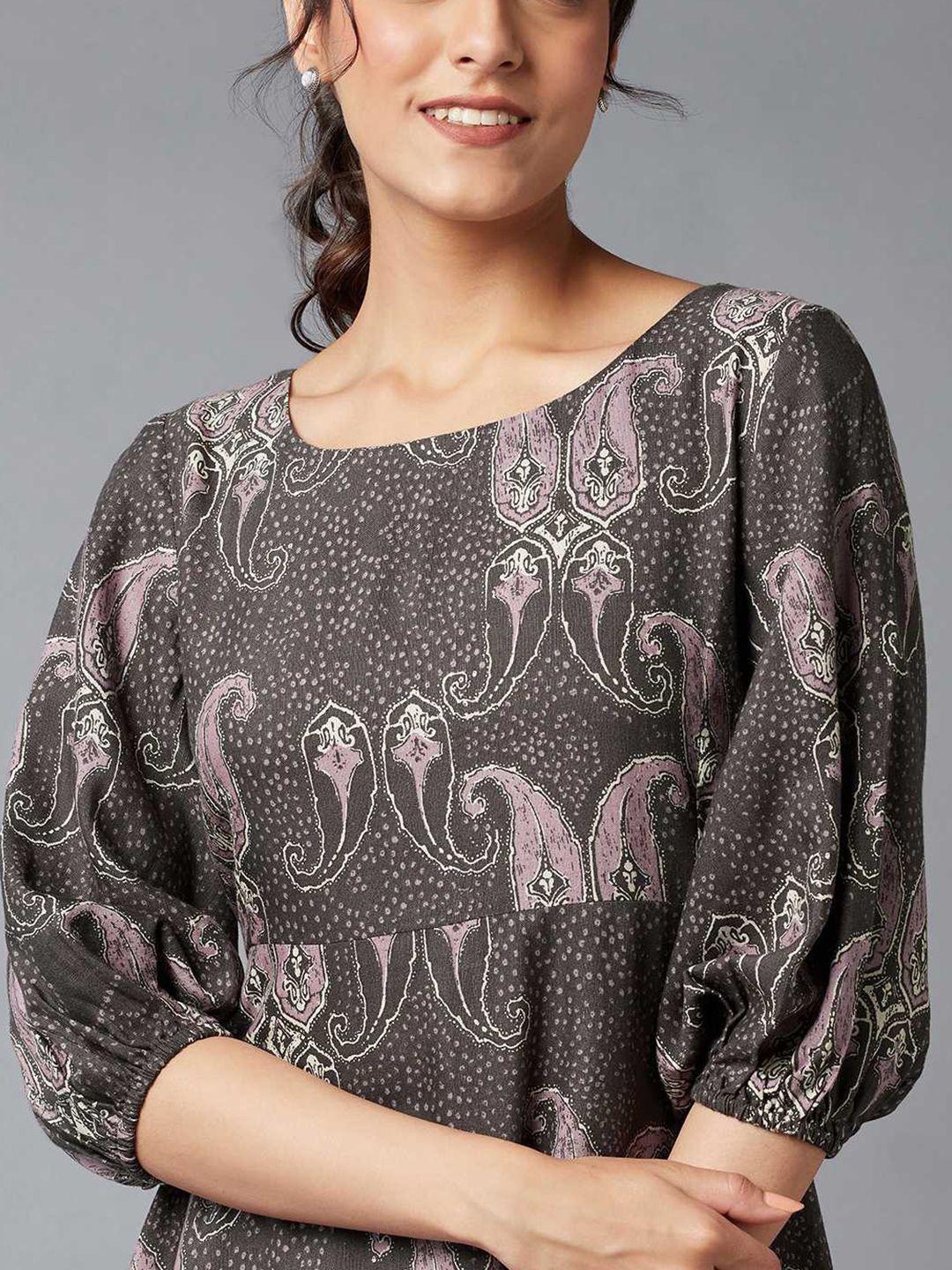 W Brown Ethnic Motifs A-Line Midi Dress