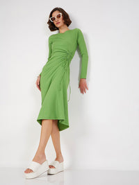 SASSAFRAS Ruched Tie Up Bodycon Midi Dress