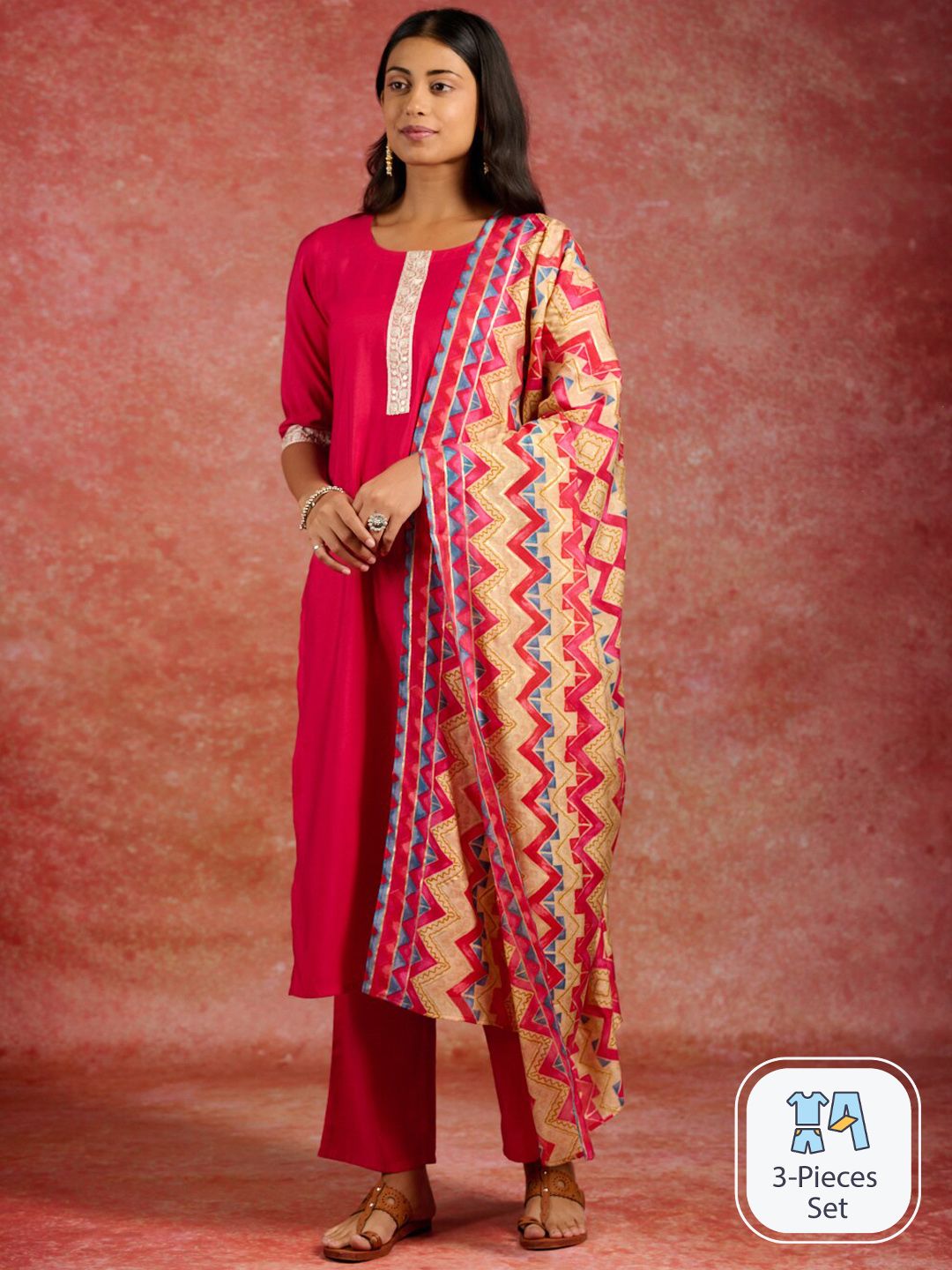 Libas Ethnic Motifs Yoke Design Straight Kurta & Trousers With Dupatta