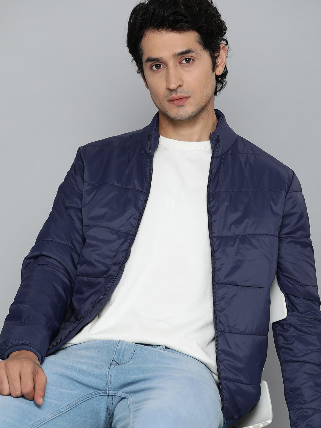 ether Men Navy Blue Solid Padded Jacket