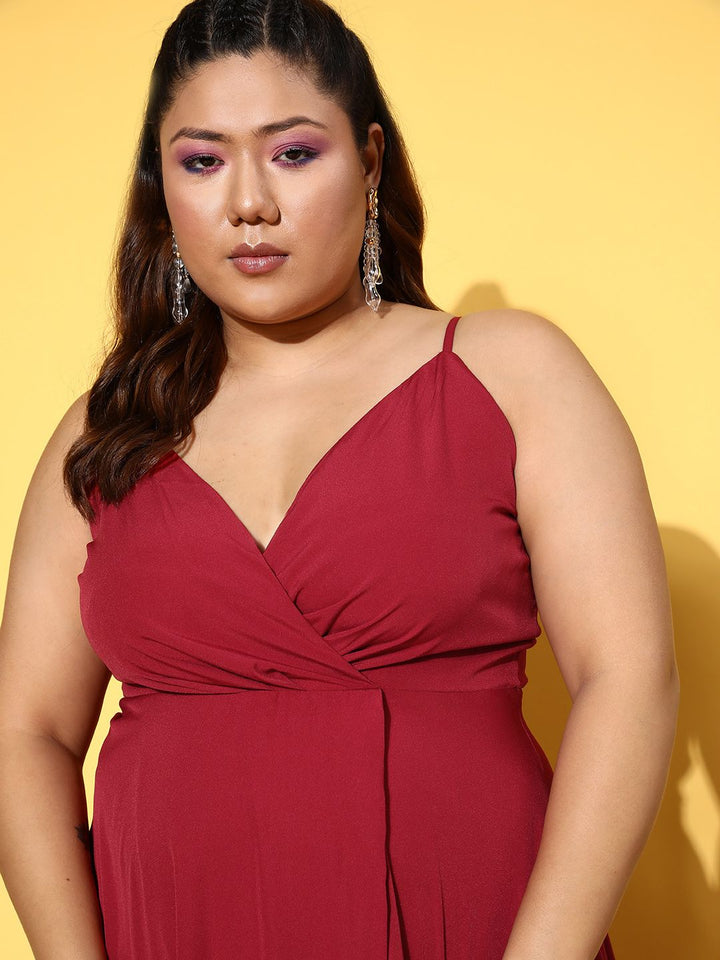 Berrylush Curve Plus Size Red Crepe Solid Fit & Flare Maxi Dress