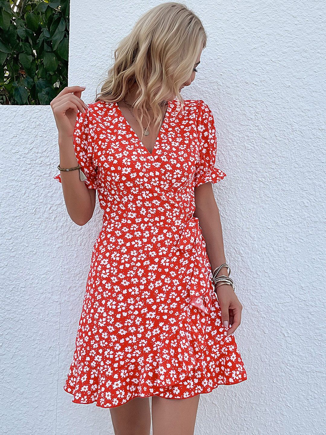 DressBerry Floral Printed Knot Detail Puff Sleeves Wrap Dress