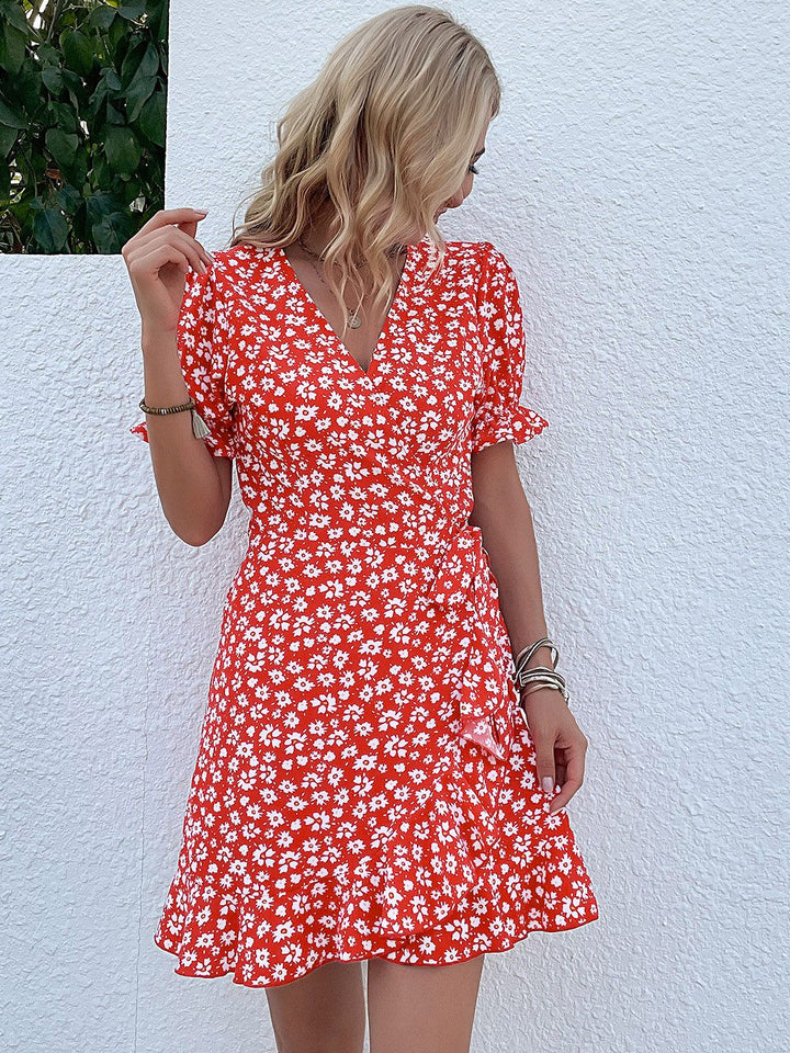 DressBerry Floral Printed Knot Detail Puff Sleeves Wrap Dress