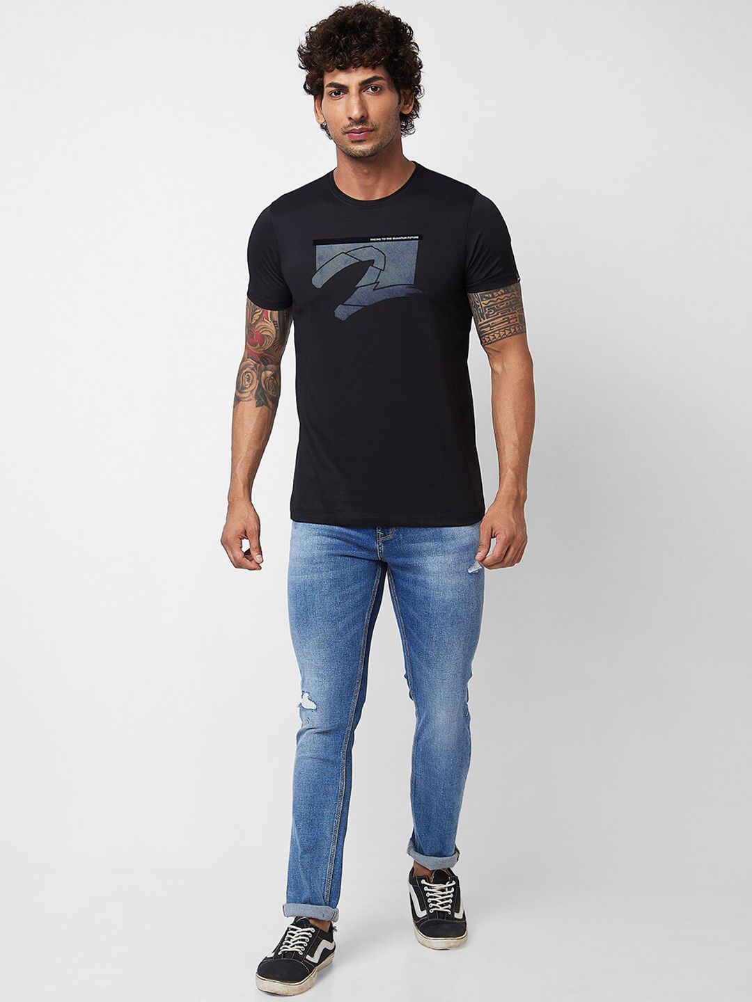 SPYKAR Graphic Printed Round Neck Slim Fit Cotton T-shirt