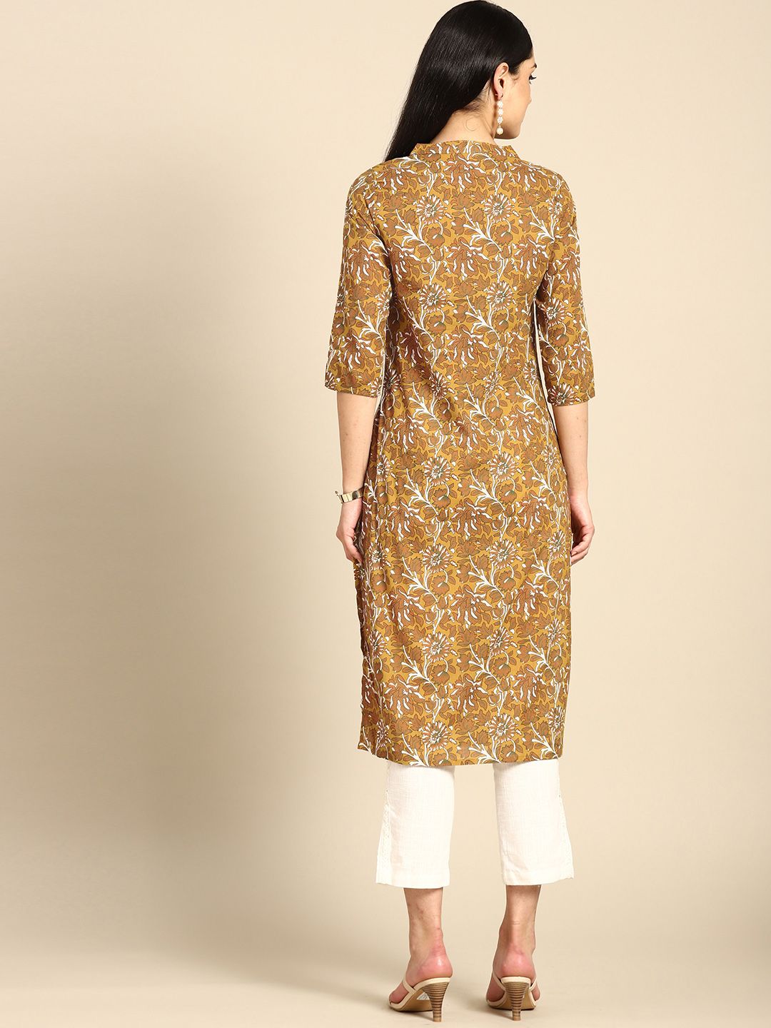 Anouk Women Olive Green & Mustard Yellow Pure Cotton Ethnic Motifs Printed Kurta