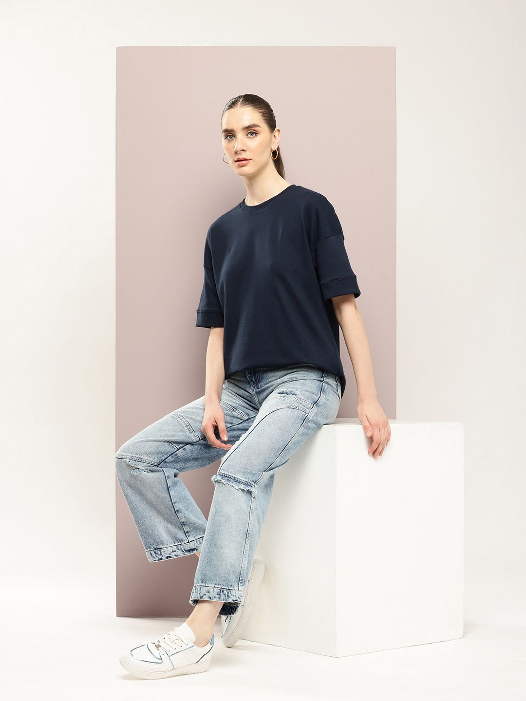 DILLINGER Women Oversized Drop Shoulder Ultra Soft Drapey Cotton Crew Neck T-Shirt