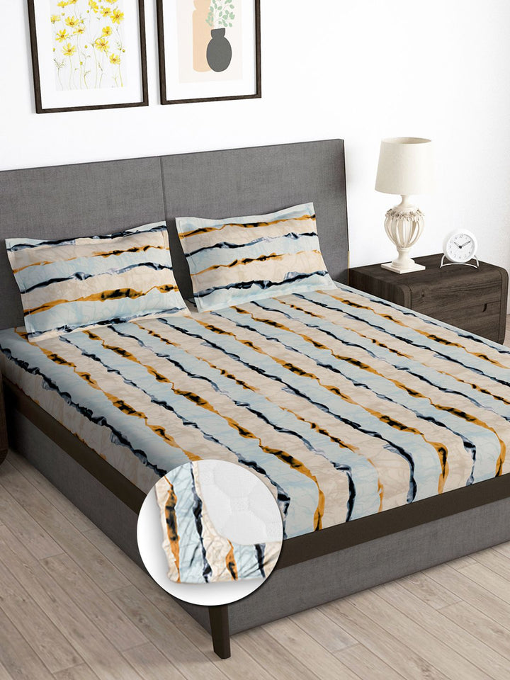 Story@home Beige & Grey 180 TC Abstract Queen Fitted Bedsheet With 2 Pillow Covers