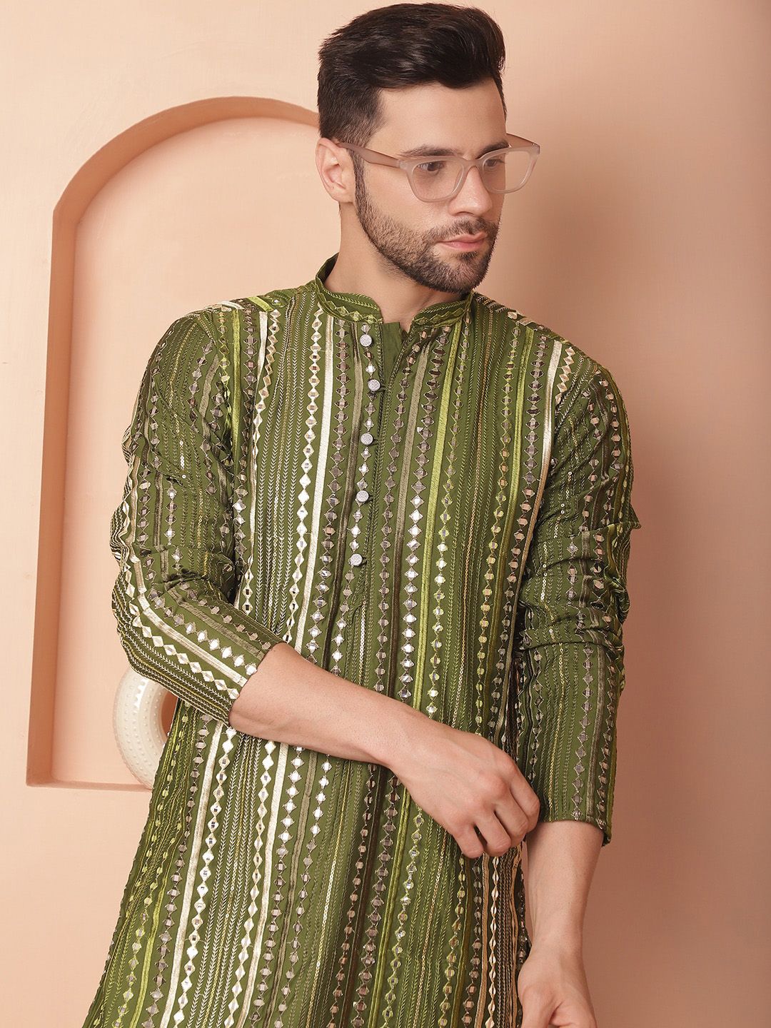 Jompers Geometric Embroidered Regular Mirror Work Straight Kurta With Pyjamas