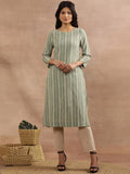 W Green Striped Round Neck Straight Kurta