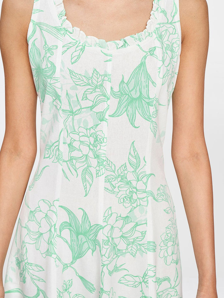 AND Green & White Floral Printed Lettuce Neck A-Line Midi Dress