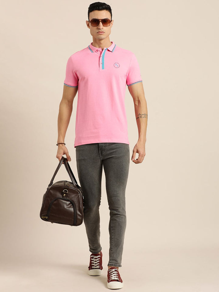 Being Human Men Pink Solid Polo Collar Pure Cotton Slim Fit T-shirt With Brand Logo Print