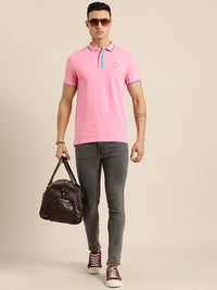 Being Human Men Pink Solid Polo Collar Pure Cotton Slim Fit T-shirt With Brand Logo Print