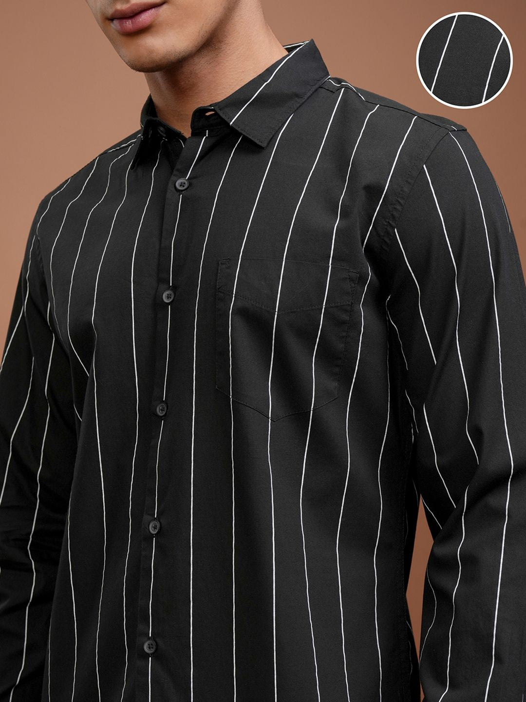 HIGHLANDER Men Black Slim Fit Striped  Cotton Casual Shirt