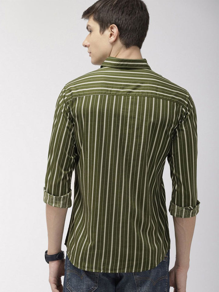 The Indian Garage Co Men Olive Green & White Slim Fit Striped Casual Shirt