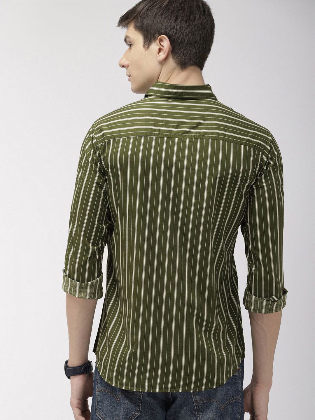 The Indian Garage Co Men Olive Green & White Slim Fit Striped Casual Shirt