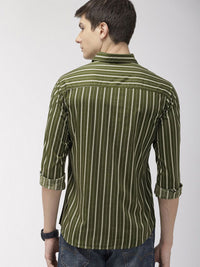 The Indian Garage Co Men Olive Green & White Slim Fit Striped Casual Shirt