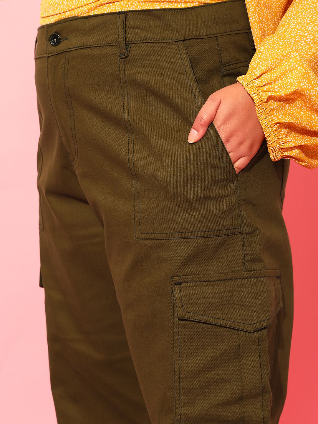 CURVY STREET Women Plus Size Olive Green Relaxed Straight Leg Pure Cotton Trousers