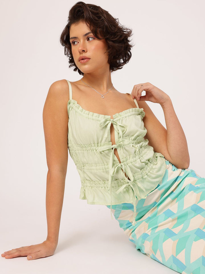 DressBerry Flirty Tie-Up Bows Ruffled Smocked Top