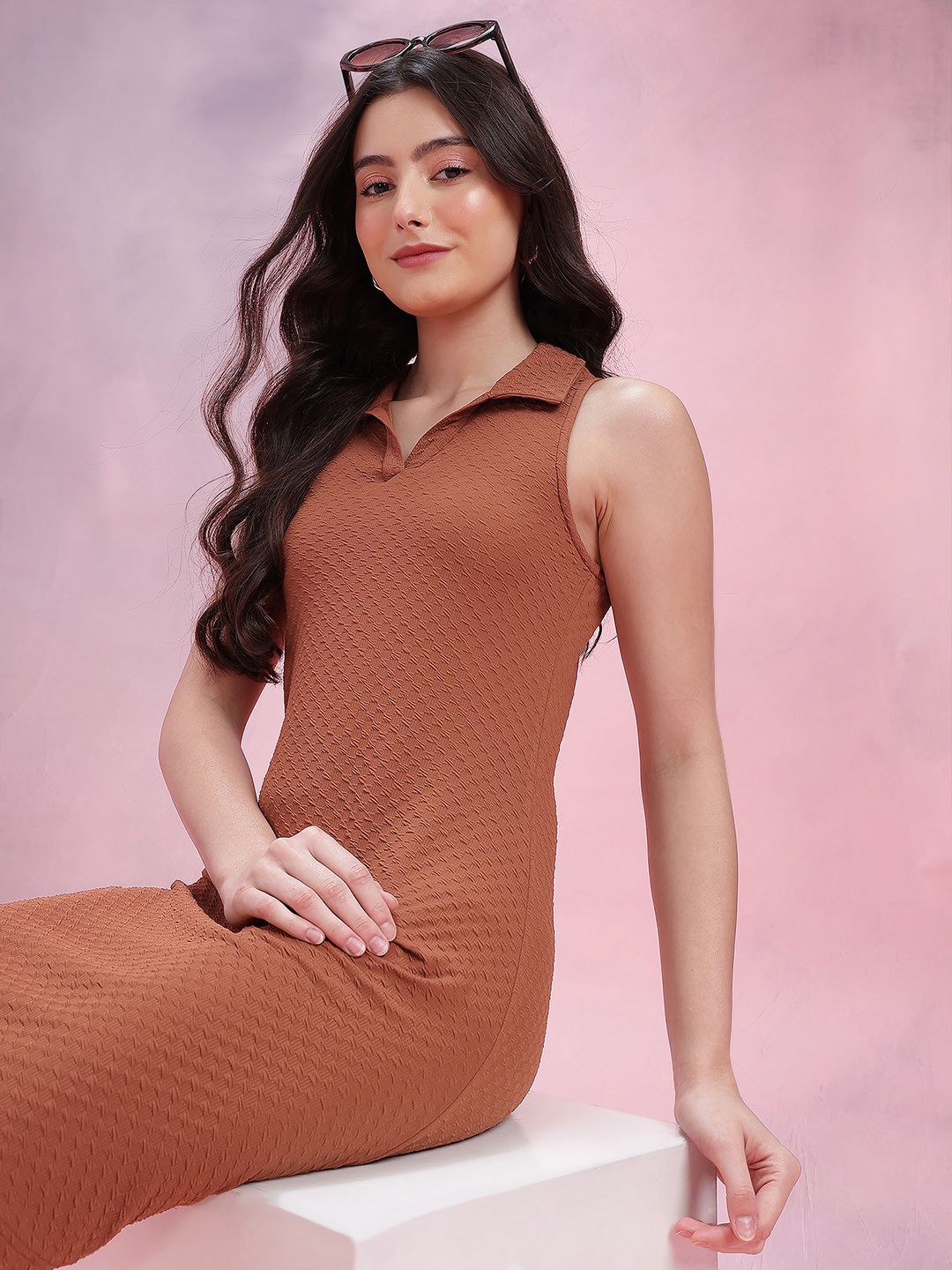 DressBerry Textured Shirt Collar A-Line Above Knee Length Dress