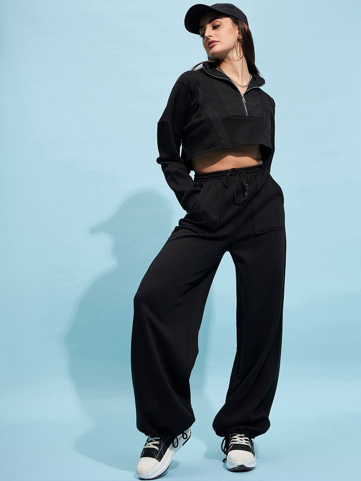 STREET 9 Black Mock Collar Pure Cotton Crop Sweatshirt