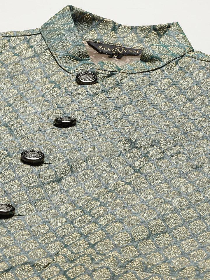SOJANYA Lelaki Kurta Kapas Tulen Chikankari Warna Peach dengan Jaket Churidar & Nehru