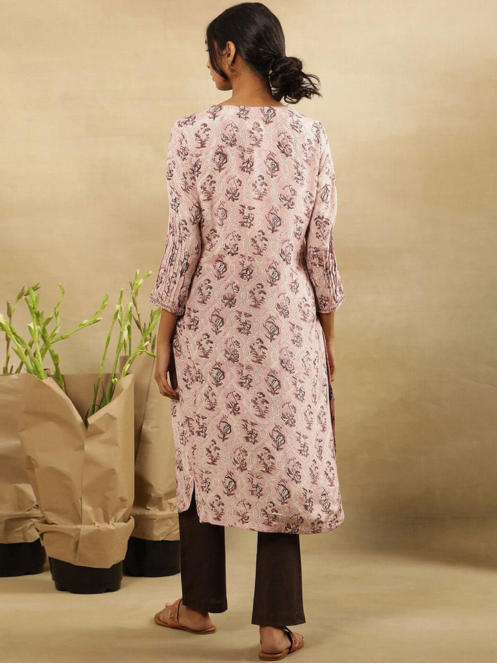 W Floral Printed V-Neck Mirror Work Kurta