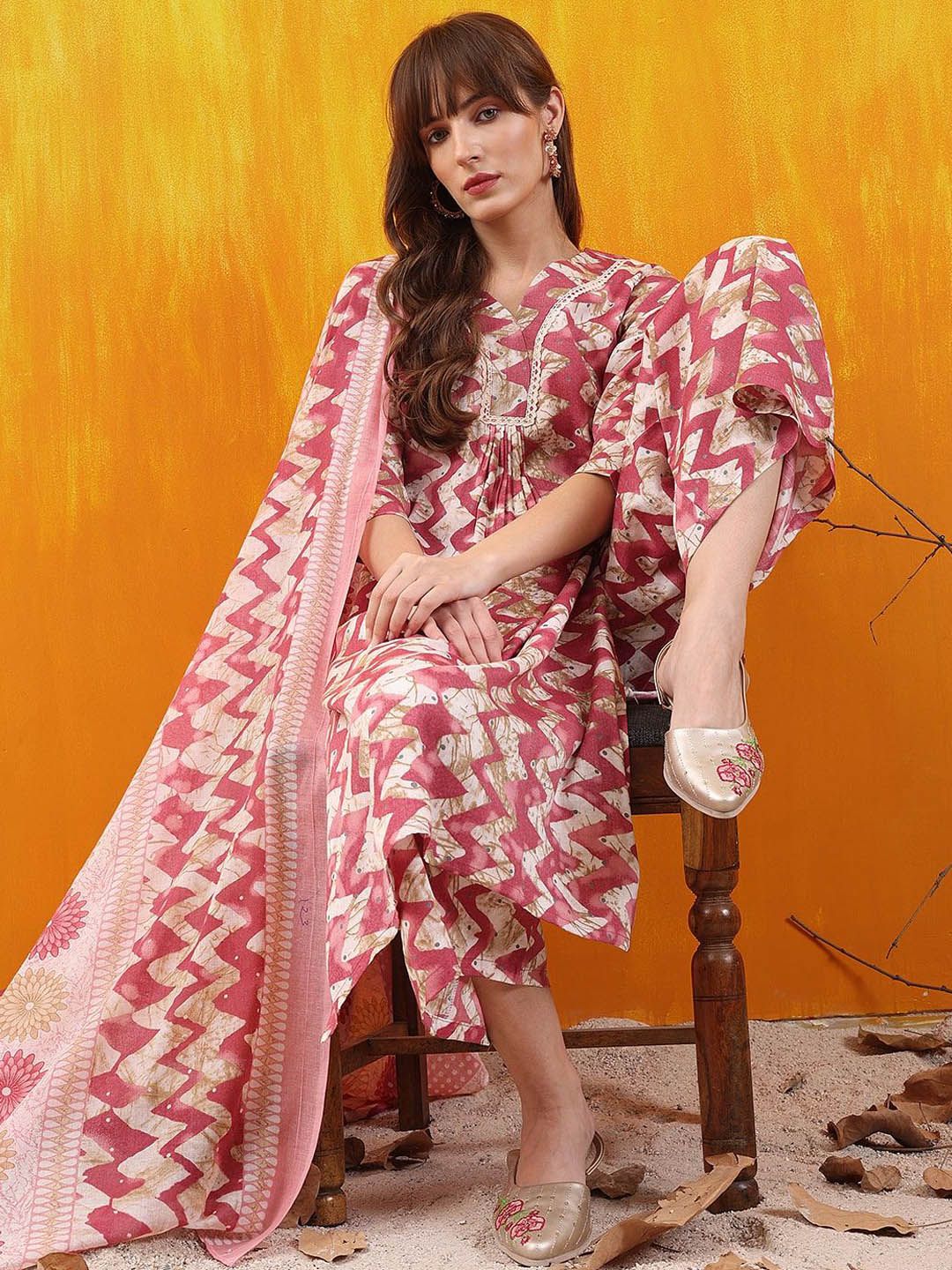 KALINI Chevron Printed V-Neck Straight Kurta With Palazzo And Dupatta