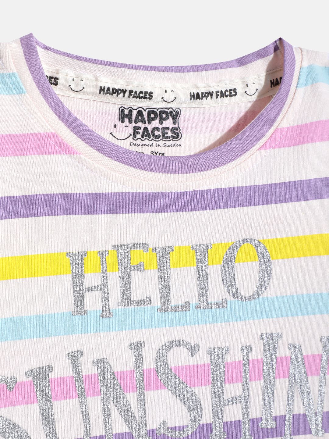 Happy Faces Girls Striped & Typography Printed Pure Cotton T-shirt