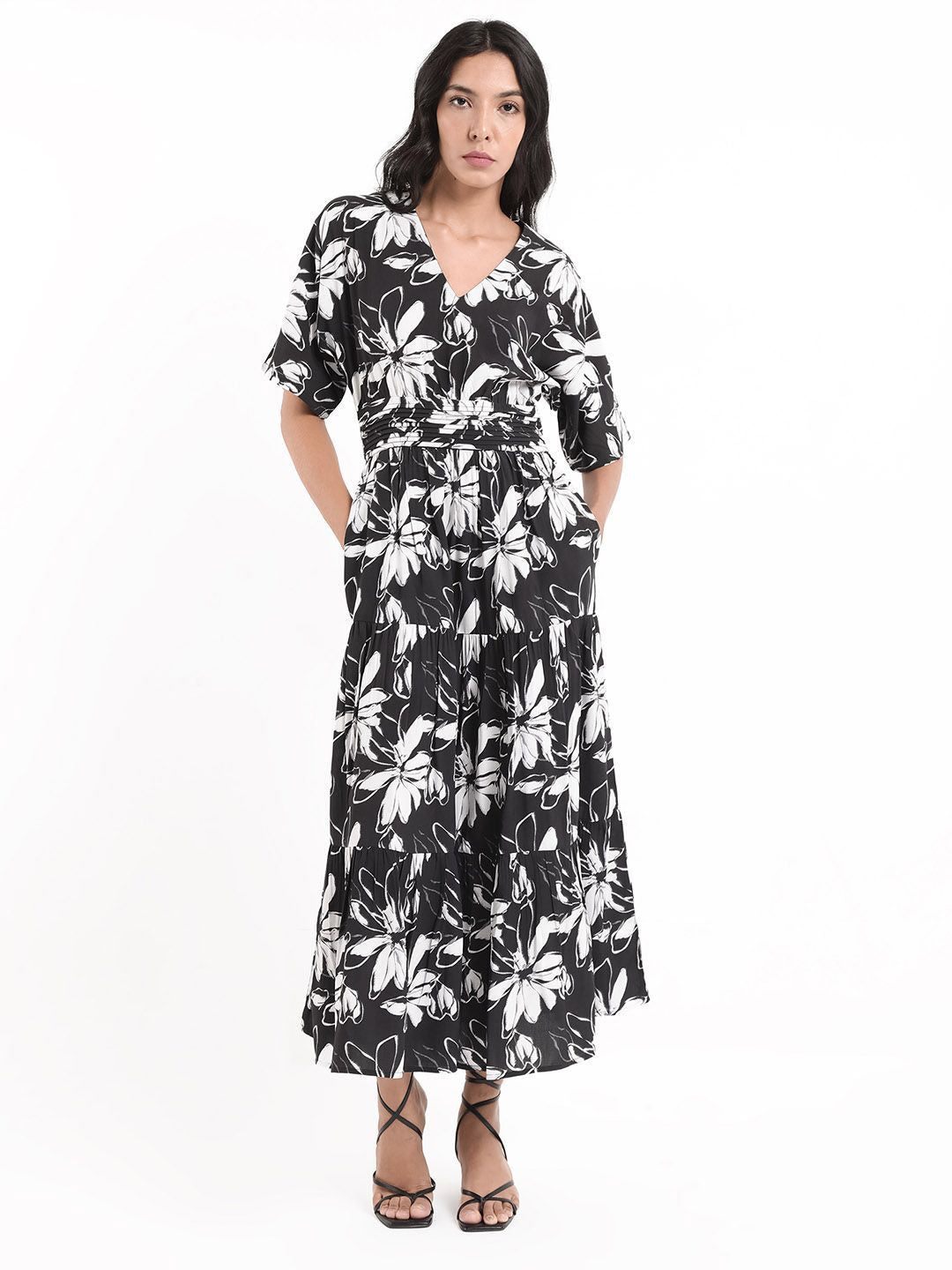 Rareism Floral Printed Fit & Flare Cotton Maxi Dress