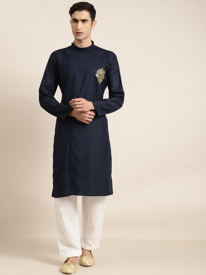 SOJANYA Men Navy Blue Thread Work Indigo Pure Cotton Straight Kurta