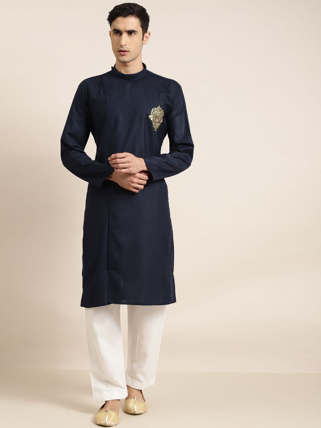 SOJANYA Men Navy Blue Thread Work Indigo Pure Cotton Straight Kurta