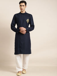SOJANYA Men Navy Blue Thread Work Indigo Pure Cotton Straight Kurta