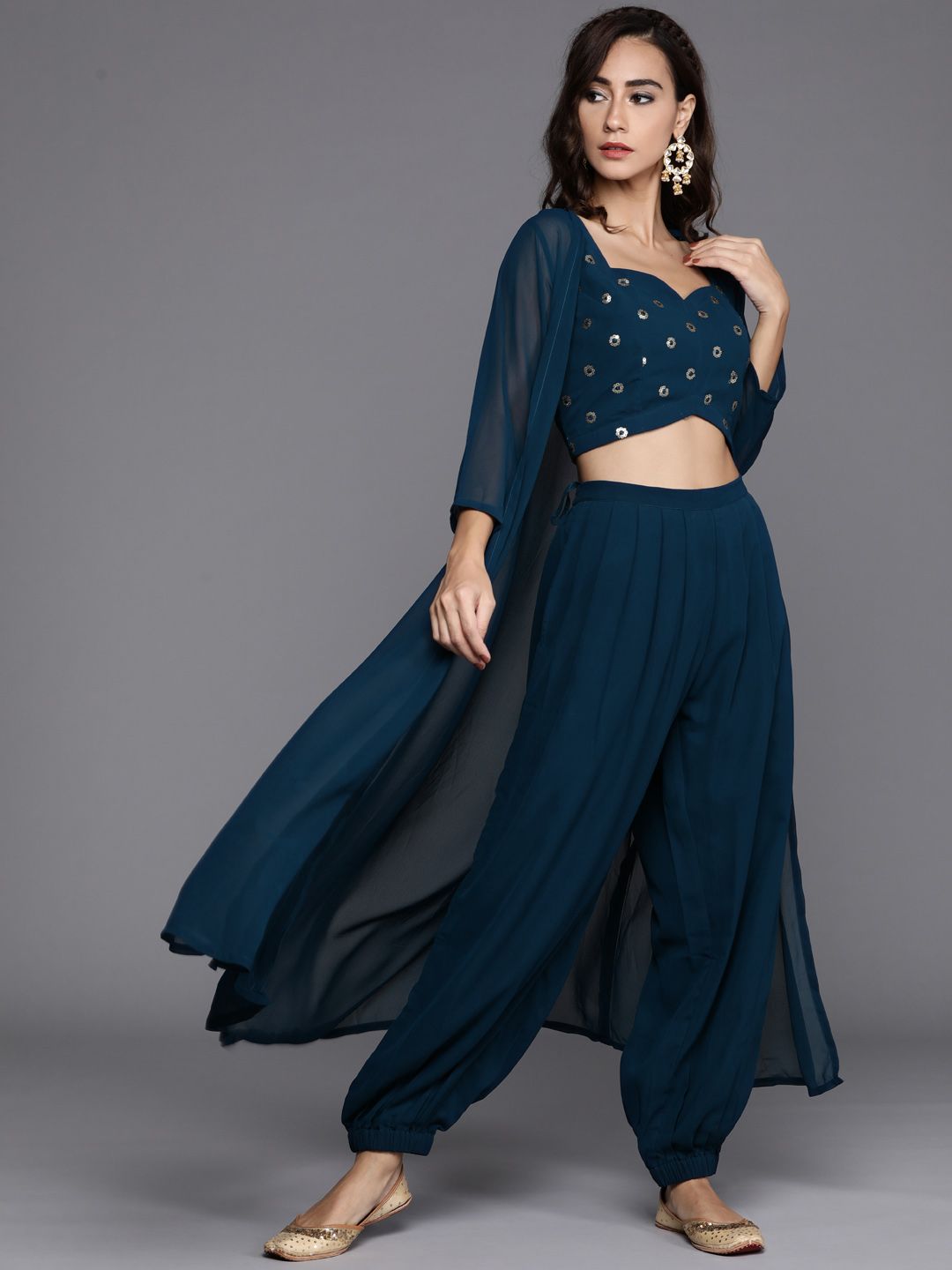 Libas Women Navy Blue Sequinned Top with Harem pants & shrug