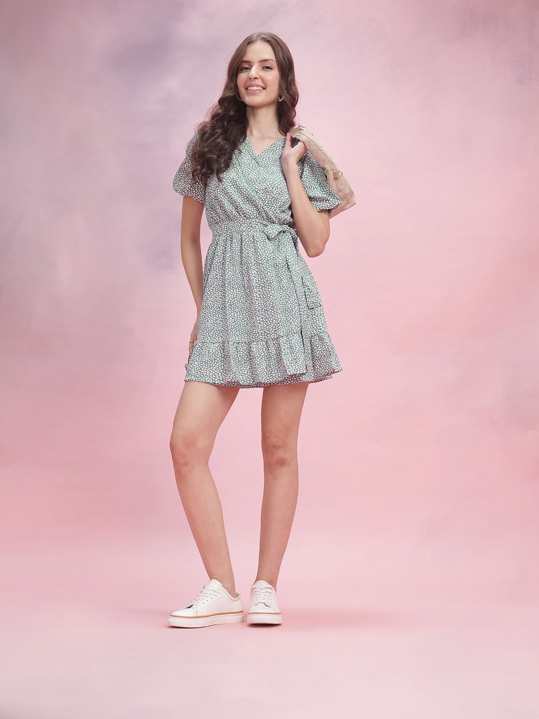 DressBerry Micro Ditsy Print Ruffle Detail Wrap Dress
