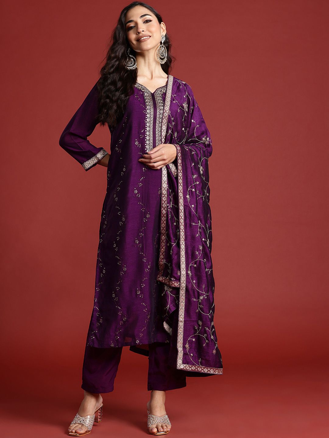 Indo Era Floral Embroidered Sequinned Kurta With Trousers & Dupatta