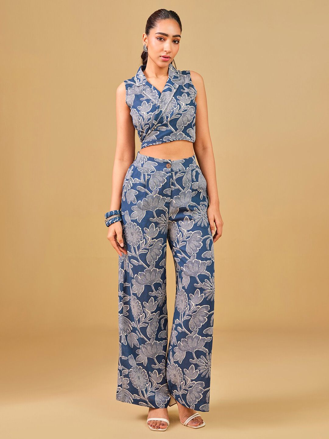 Global Desi Printed Lapel Collar Top & Palazzos