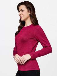 AND Burgundy Solid Round Neck Top